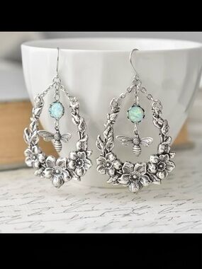 Silver Floral Bee Drop Earrings with Iridescent Stone 2” x  1”